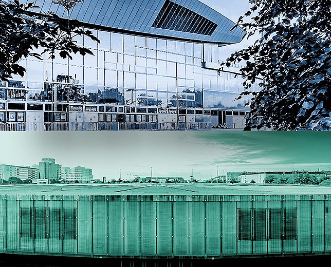 Max-Schmeling-Halle und Velodrom auf einem Bild.